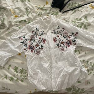 Zara Floral Embroidered Button Up White Shirt